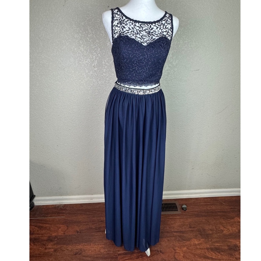 My Michelle Navy Blue 2 Piece Lace Crop Top & Rhinestone Maxi Skirt Set Size 3